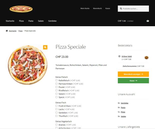 Produktdetailansicht im Demoshop für Pizzalieferdienst
