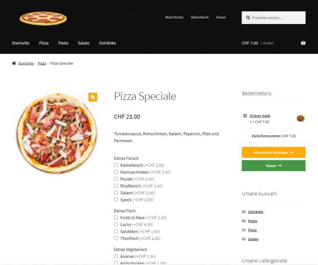 Produktdetailansicht im Demoshop für Pizzalieferdienst